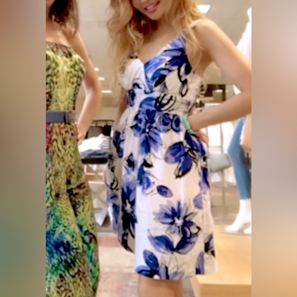 Blue Floral on White Cotton Dress